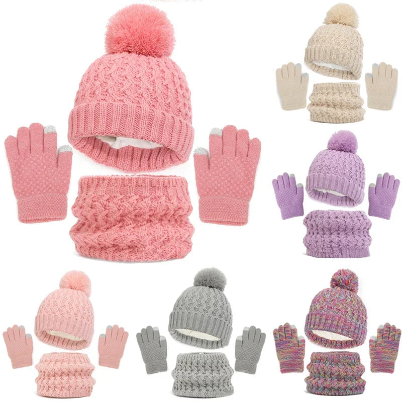 Kids Winter Hat Scarf Gloves Set Girls Knitted Scarf 3pc Set Childs Winter Warm Neck Scarves Beanie Cap For Boy Baby Gloves Suit