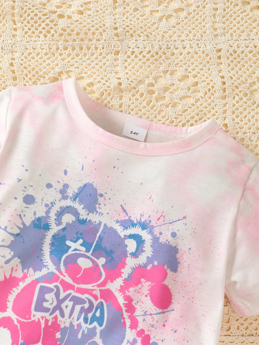 2Pcs Girls' Summer Set tie dye Teddy Bear Short sleeved+Stretch shorts Set for 4-7 Year Girls' Casual Set Children's clothing