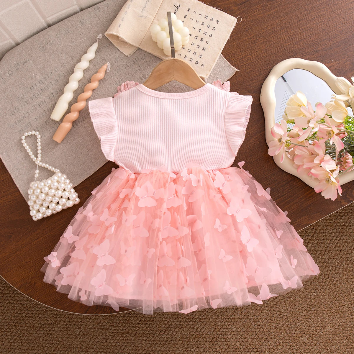 Summer Fashion Solid Color Toddler Princess Fairy Dress Korean Style Sweet Pink Bow Birthday Party Baby Girl Butterfly Dress