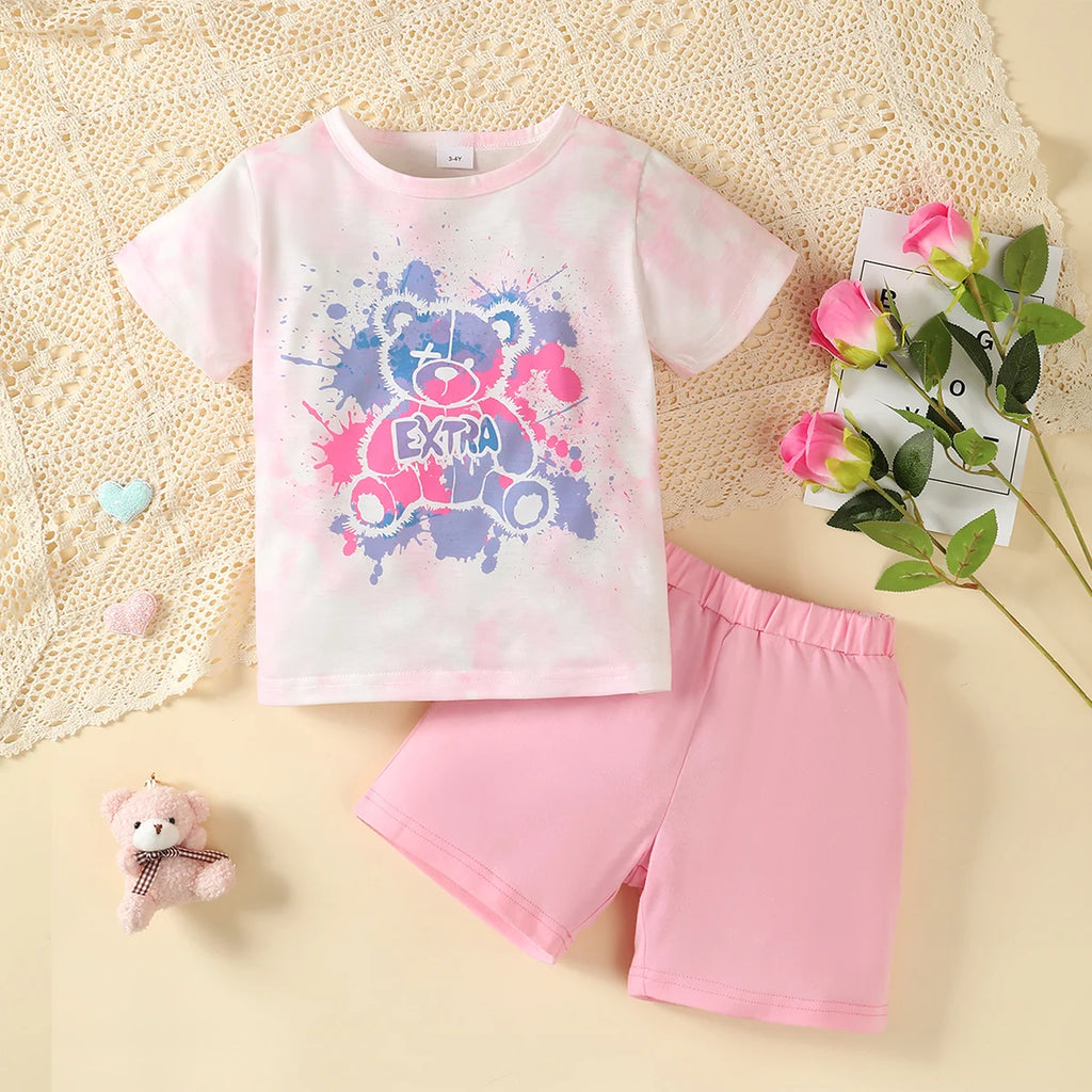 2Pcs Girls' Summer Set tie dye Teddy Bear Short sleeved+Stretch shorts Set for 4-7 Year Girls' Casual Set Children's clothing