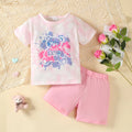 2Pcs Girls' Summer Set tie dye Teddy Bear Short sleeved+Stretch shorts Set for 4-7 Year Girls' Casual Set Children's clothing
