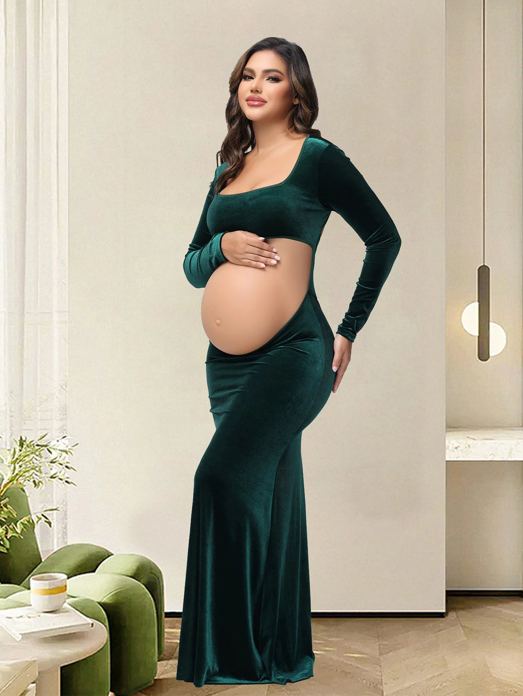 Maternity Photography Dress Velvet Sexy Exposed Belly Long Sleeve Backless Square Neck Women Photoshoot Dress