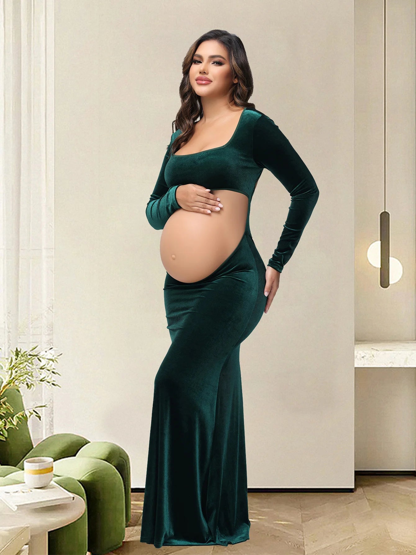 Maternity Photography Dress Velvet Sexy Exposed Belly Long Sleeve Backless Square Neck Women Photoshoot Dress