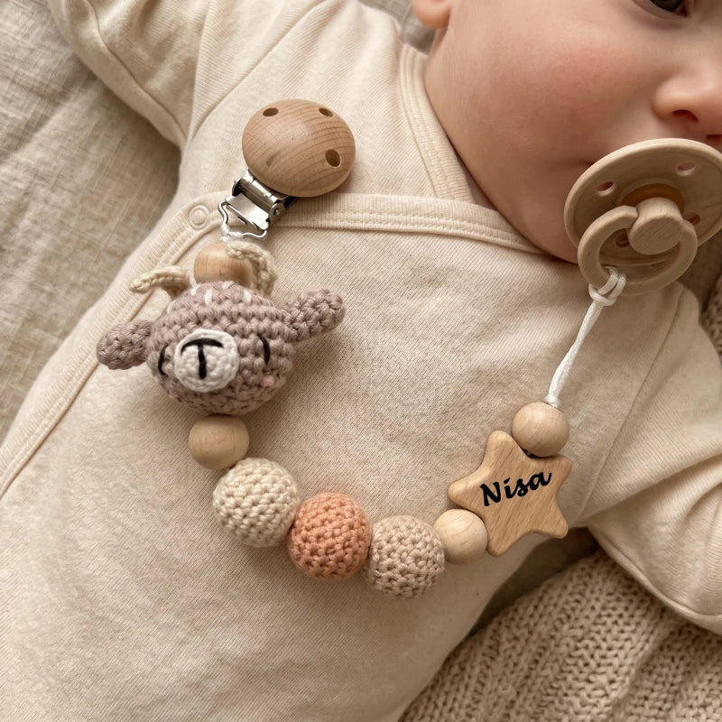 Personalized Baby Pacifier Clip with Name – Crochet Bear Wooden Star Teether Holder