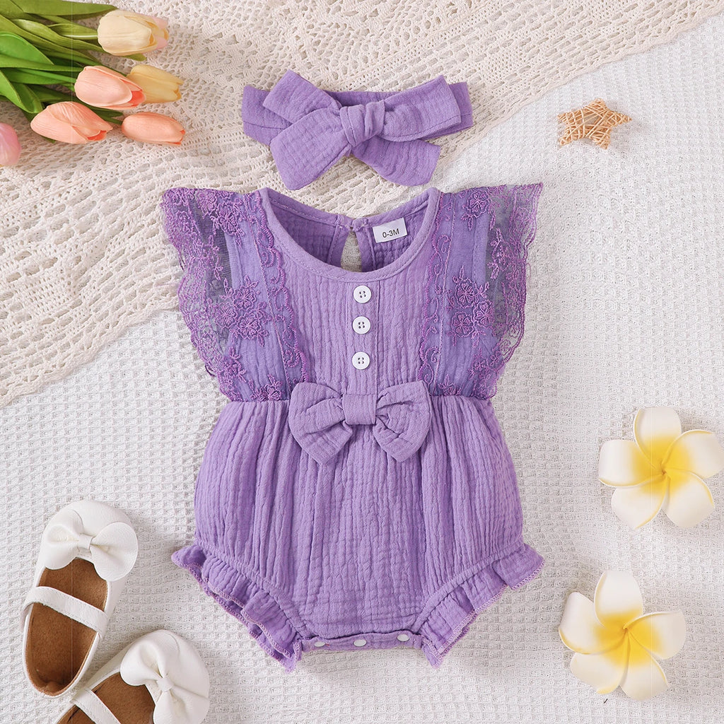 0-18 Months Baby Girl Romper Solid Color Sleeveless Round Neck Lace Edge Bow Romper+Headband Baby Girl Summer New Casual Bodysui