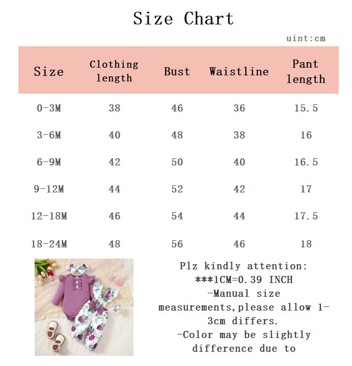 Newborn Girl Baby Set Purple Flared Sleeve Bodysuit + Flower Backband Pant for 0-24 Months Old Female Baby Spring & Autumn Set