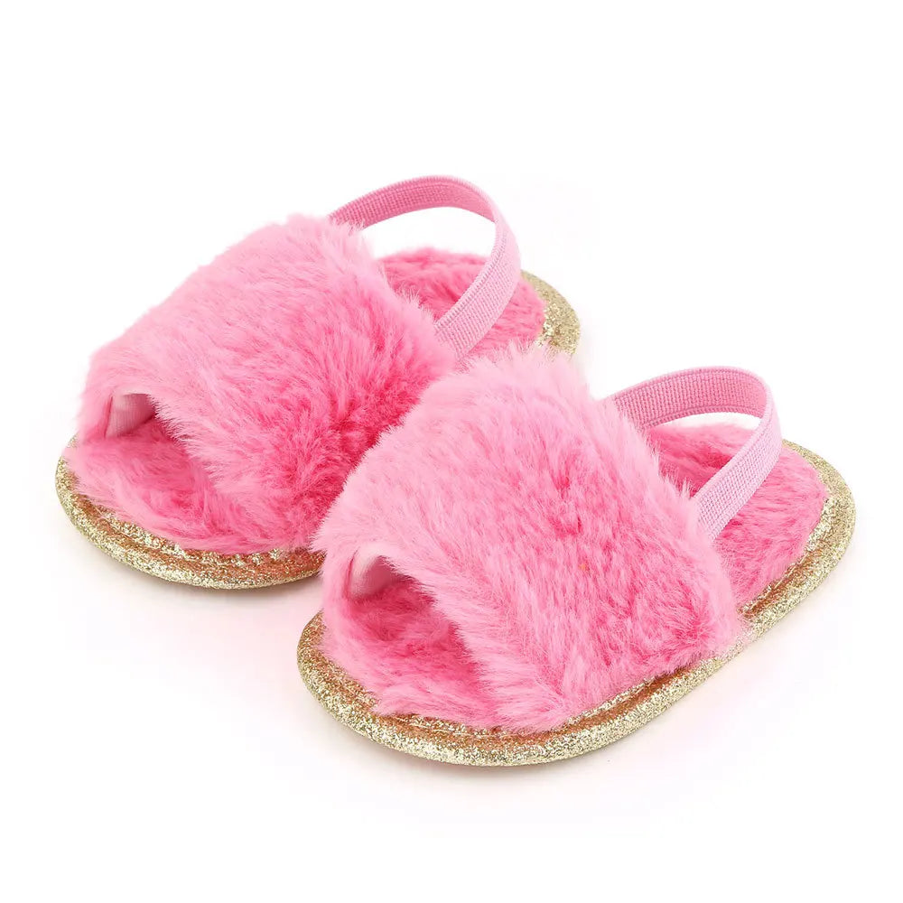 Spring Winter Fashion Multicolor Faux Fur Baby Girl Slipper Non-slip Newborn Cute Infant Toddler Crib Dress Shoes First Walkers