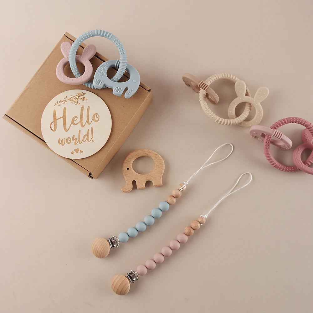 Baby Elephant & Bunny Teether Gift Set – 4 Piece Silicone Pacifier & Wooden Milestone Set