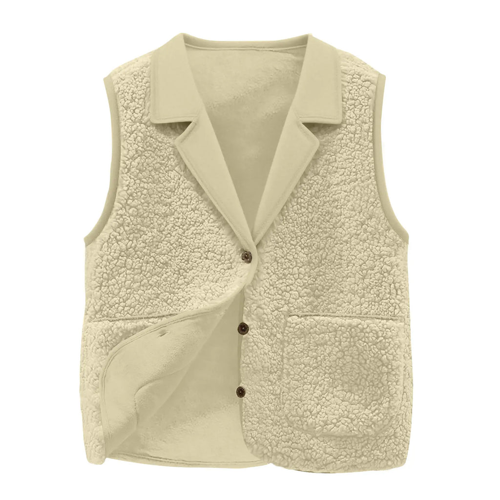 Women's Sherpa Fleece Vest, Lapel Collar, Button-Front, Pockets, Casual Warm Sleeveless Jacket Coat for Autumn Winter
