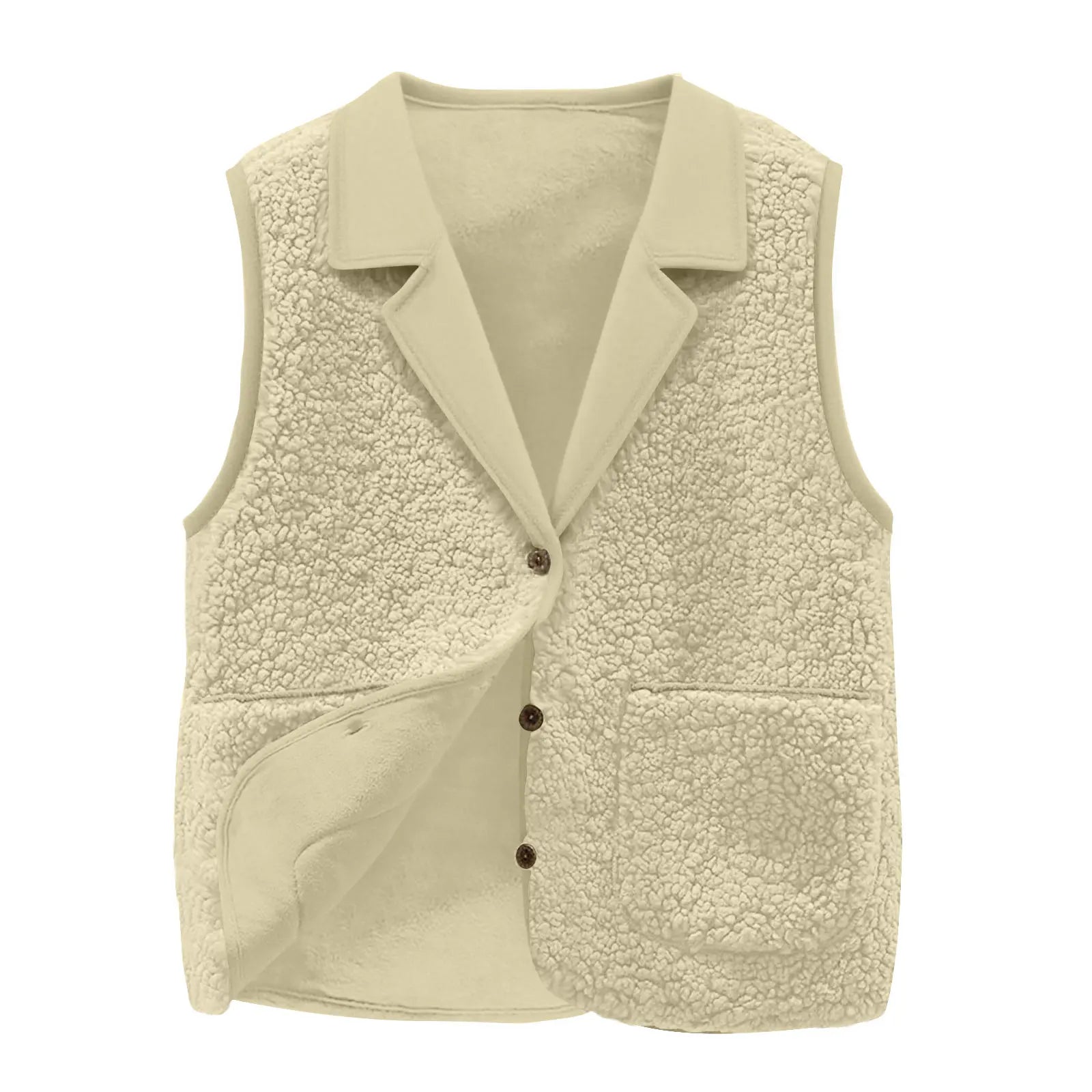 Women's Sherpa Fleece Vest, Lapel Collar, Button-Front, Pockets, Casual Warm Sleeveless Jacket Coat for Autumn Winter