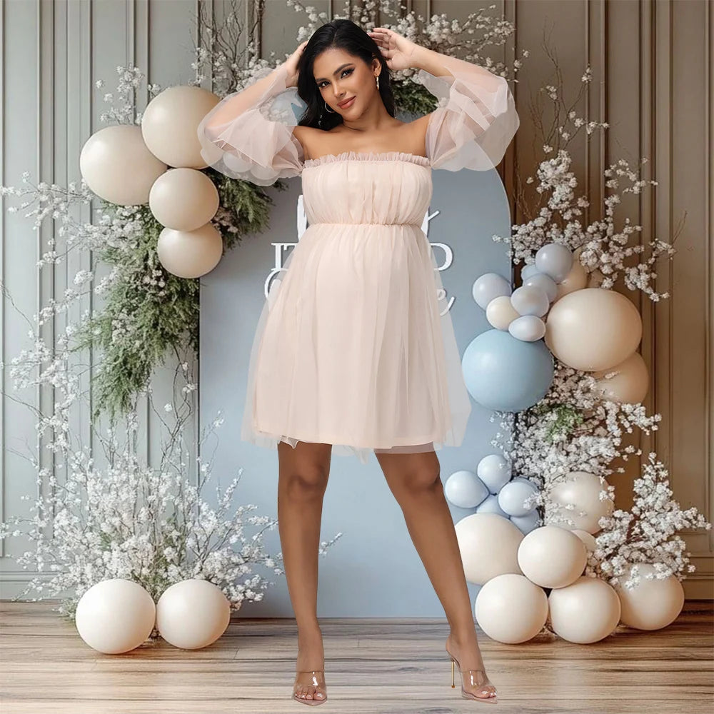 Maternity Mesh Photography Gown Long Sleeves Off-shoulder Elegant Summer Short Dress for Baby Shower Photoshoot