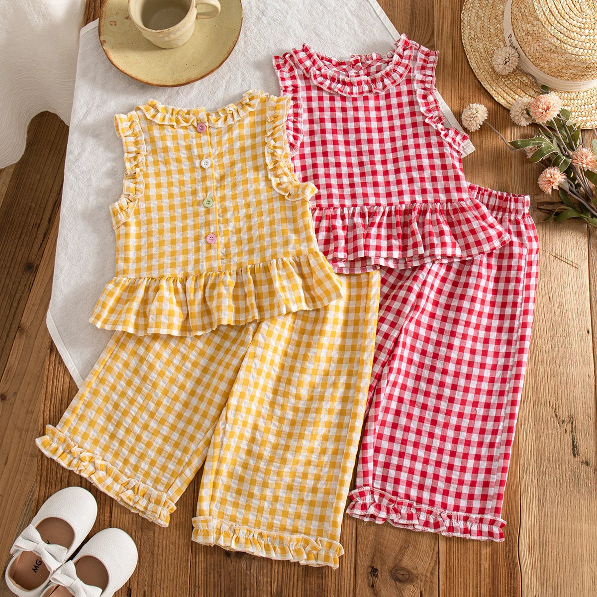 2pc/Set Girls' Outfit Set Summer Checkered Cotton Top And Shorts Baby Girl Clothing Cute Beach Baby Outfit Set