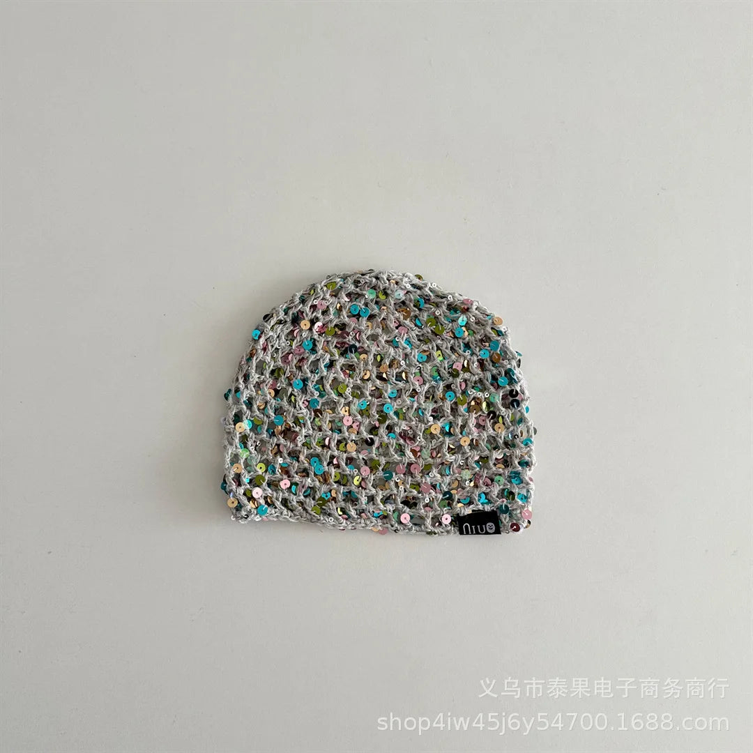 Sequin Hollow Knitted Pullover Hat For Girls Fishnet Headwrap Hwr01 Ethnic Style Cap