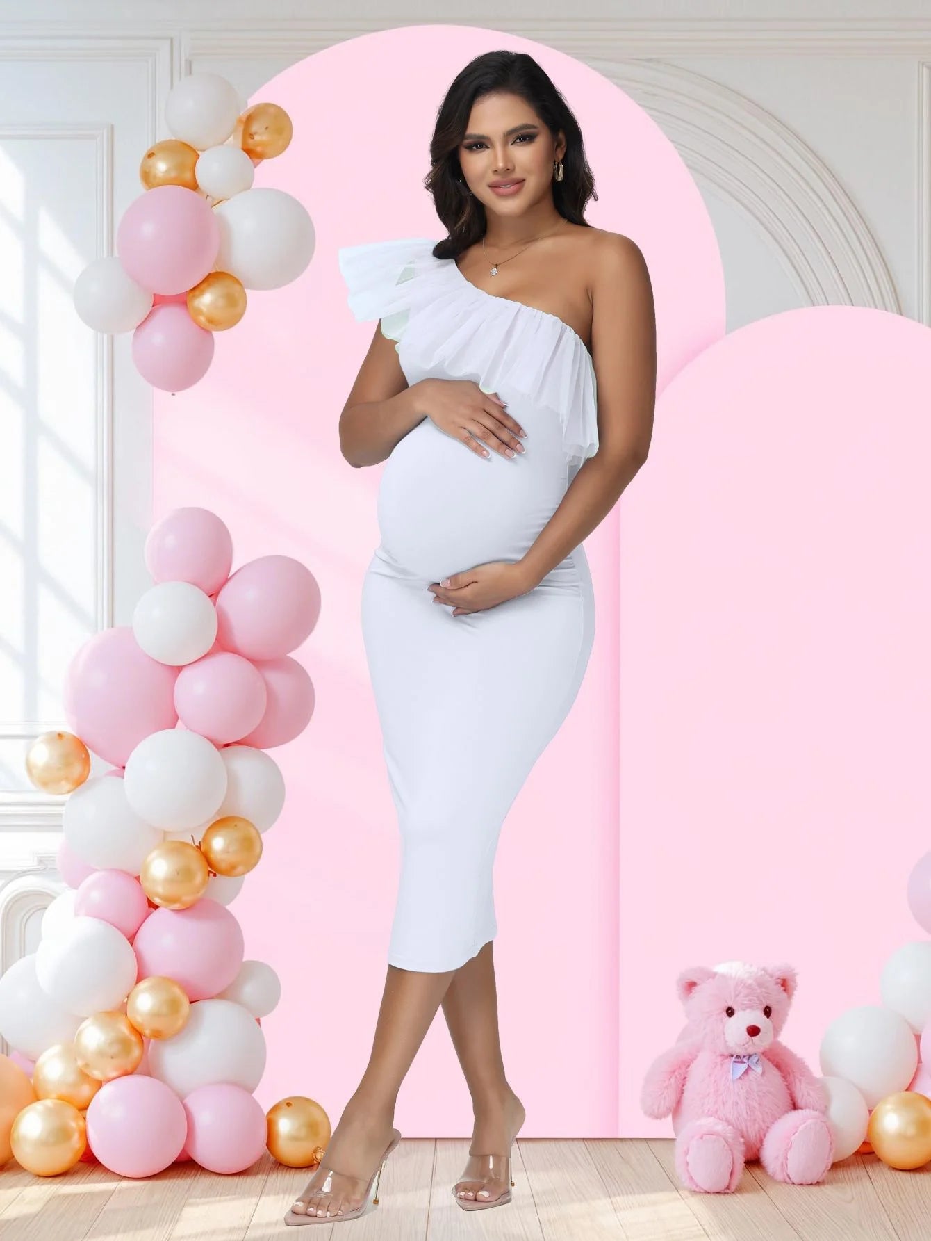 One-Shoulder Mesh Ruffled Collar Maternity Midi Dress For Photoshoot Msr01 Milk Silk Mesh Knit