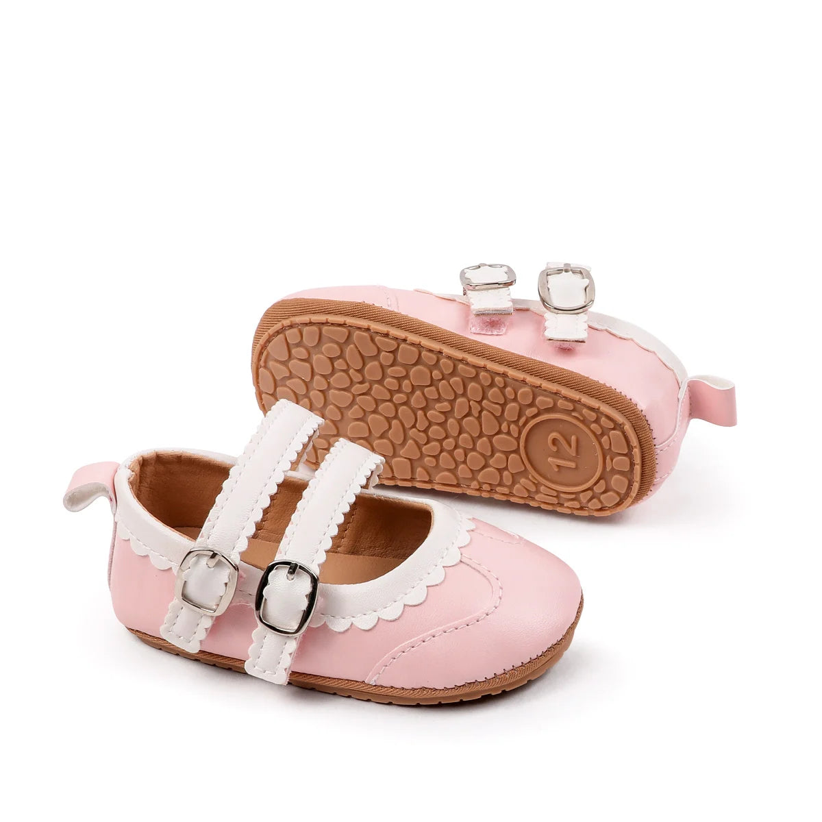 0-18 Months Infant Pre-walker Shoes, Scalloped Lace Trim Dual Buckle Strap Soft Non-slip Rubber Sole Indoor Baby Mary Jane Shoes