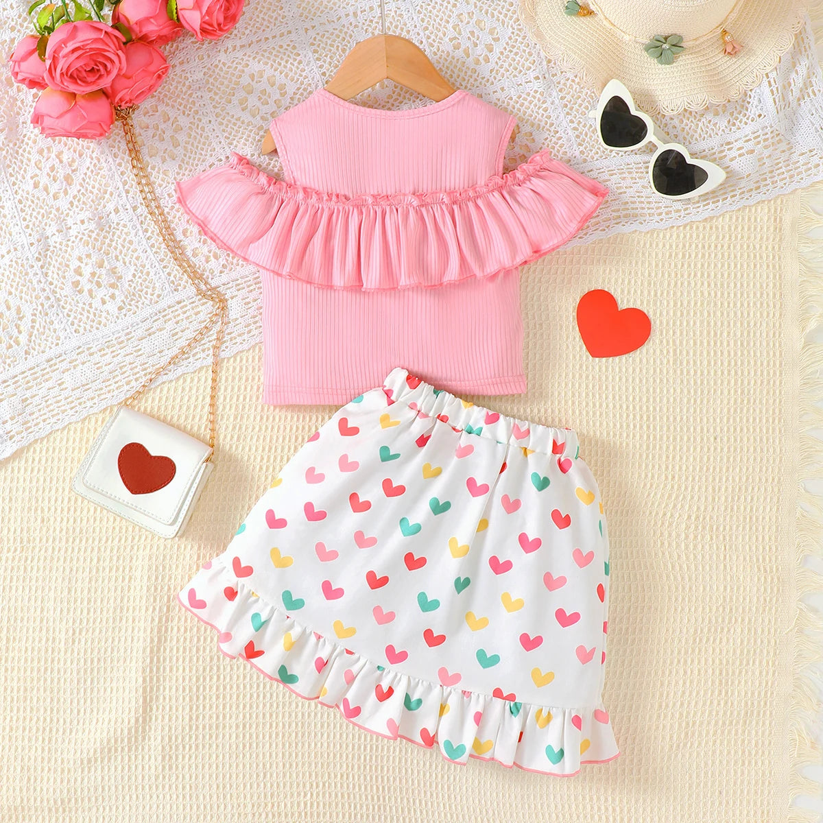 Children's girls'Set Ruffled off Shoulder Top+Irregular Skirt Two-piece set for 4-7 year old girls' Summer Party Fashion Set
