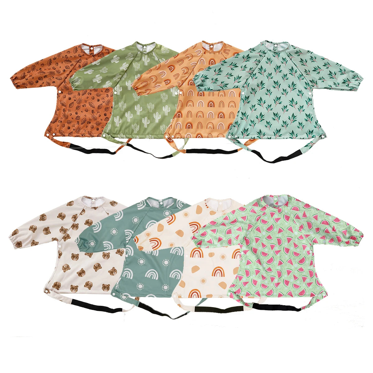 HappyFlute Long-sleeved Coveralls bib Anti-mess Baby Feeding Bib Elastic Strap Use On High chair Stroller Table Waterproof