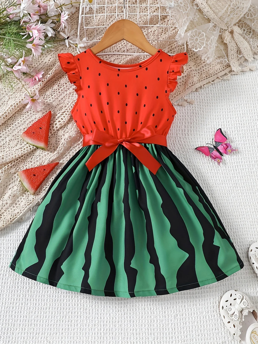Girls Summer Knitted Digital Printed Watermelon Flying Sleeve Ruffle Sleeve Dress Holiday Beach Party Gift