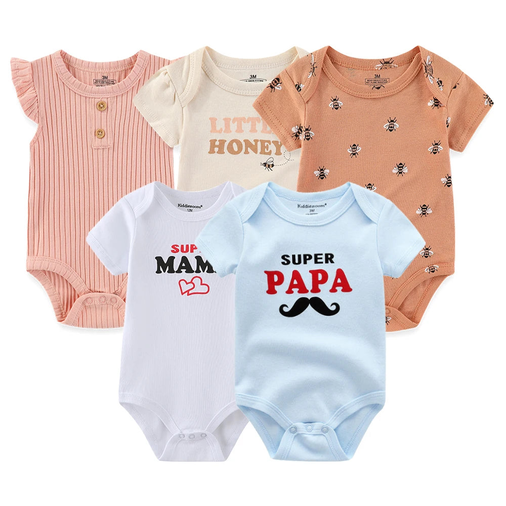 I Love Papa Mama Cartoon Baby Bodysuits 5-Pack Unisex Short Sleeve Onesies 0-12 Months