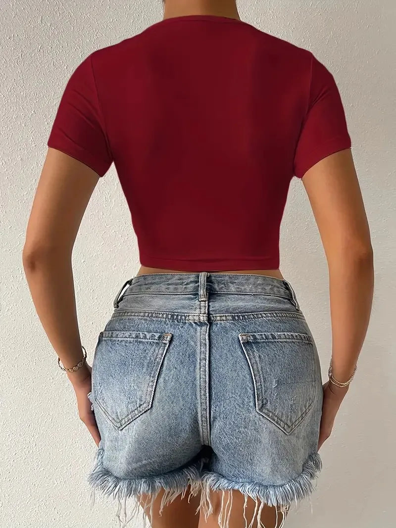 Short V-Neck Sexy Short Sleeve Fashion Belly Button Exposure Summer Top Women's Trendy Crop T-Shirt