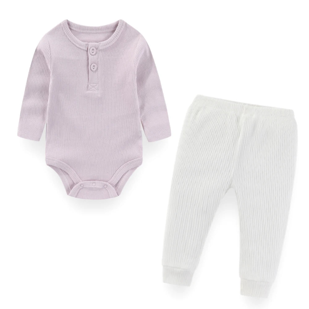 Unisex Baby Pure Color Outfit Two Piece Set Long Sleeve Bodysuits and Pants 0 to 24 Months