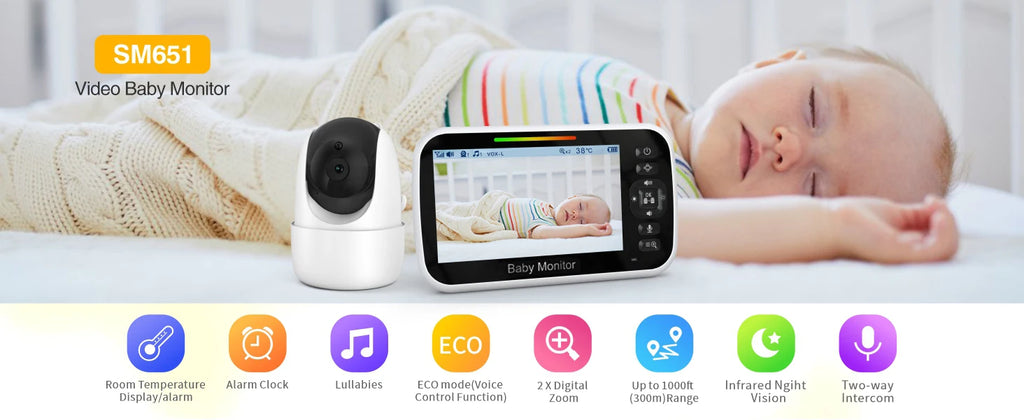 Baby Monitor with Camera 5'' Display with 30 Hours Battery, Pan-Tilt-Zoom Video Baby Monitor No WiFi, 2-Way Call, Temperature