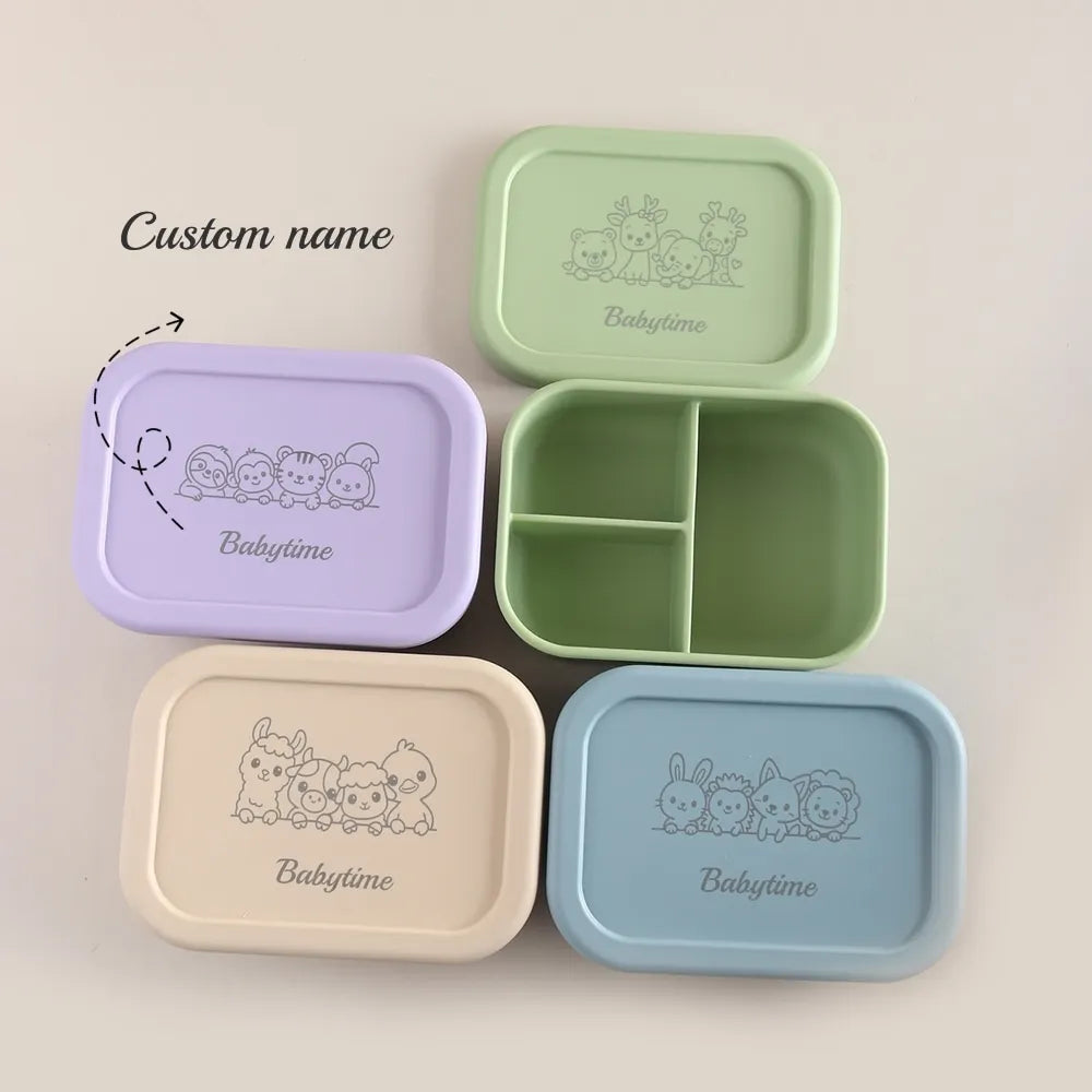 750ml Custom Name Animal Bento Box | Adorable 3-Section Silicone Lunch Box for Boys & Girls | Eco-Friendly & Leak-Proof