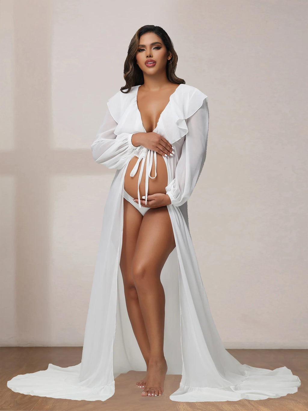Maternity Photo Shoot Long Chiffon Dress Ruffle Neck Lantern Sleeve With Tie Cord Pregnancy Robe For Baby Shower