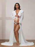 Maternity Photo Shoot Long Chiffon Dress Ruffle Neck Lantern Sleeve With Tie Cord Pregnancy Robe For Baby Shower