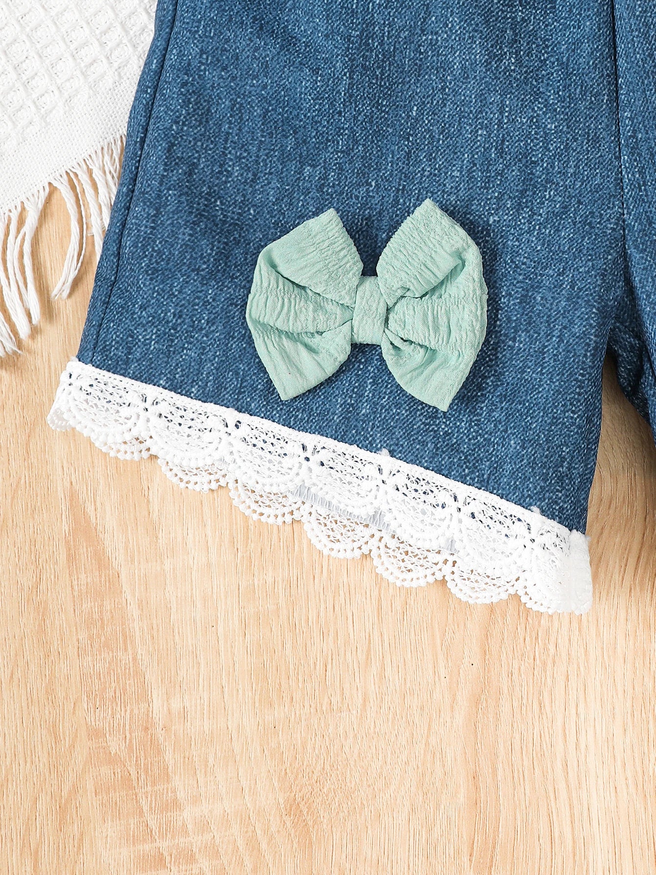 Summer Fashion Baby Girl Set Small Round Neck Ruffle Short Sleeve+Blue Shorts+Love Bag 3Pcs/Set Suitable for 0-3 Year Baby Girls