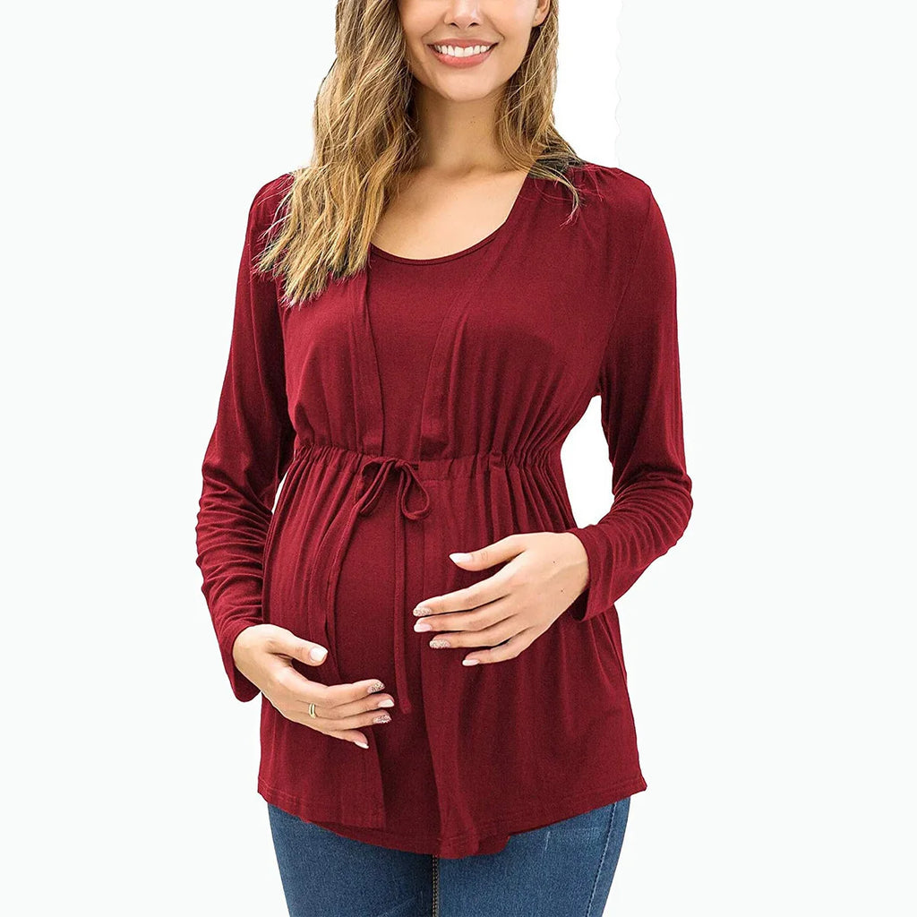 Autumn Winter Long Sleeve Round Neck Fake Two Piece Lace Up Breastfeeding Pregnant Women's Top T-shirt Pregnant Women's Outwear