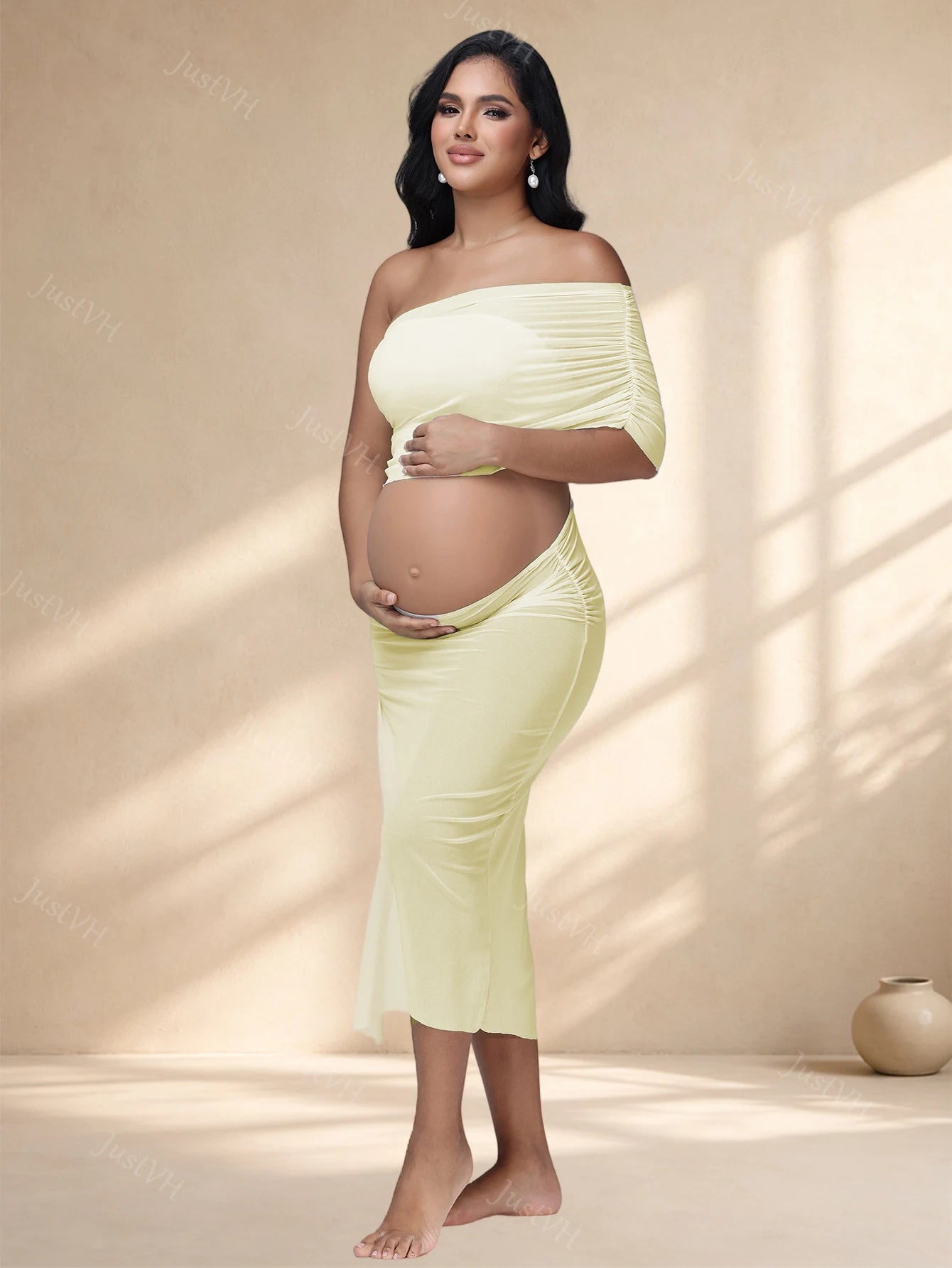 Maternity Sexy Off Shoulder Photography Outfit Cut Out Belly See Through Mid Dress for Photoshoot