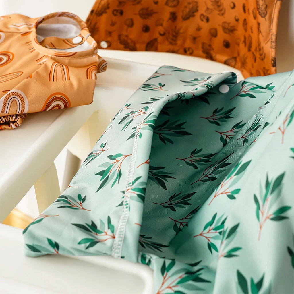 HappyFlute Long-sleeved Coveralls bib Anti-mess Baby Feeding Bib Elastic Strap Use On High chair Stroller Table Waterproof
