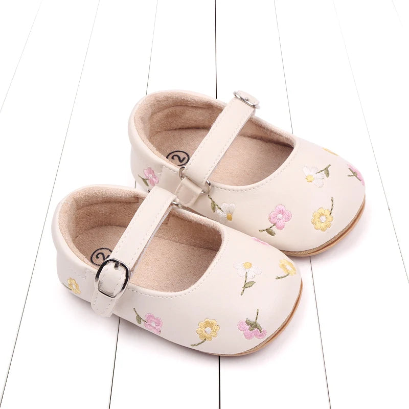 Baby Girl Princess Shoes High Quality Soft PU Embroidery Flower TPR Sole Anti-slip for Toddler Girl 0-18 Months New Fashion