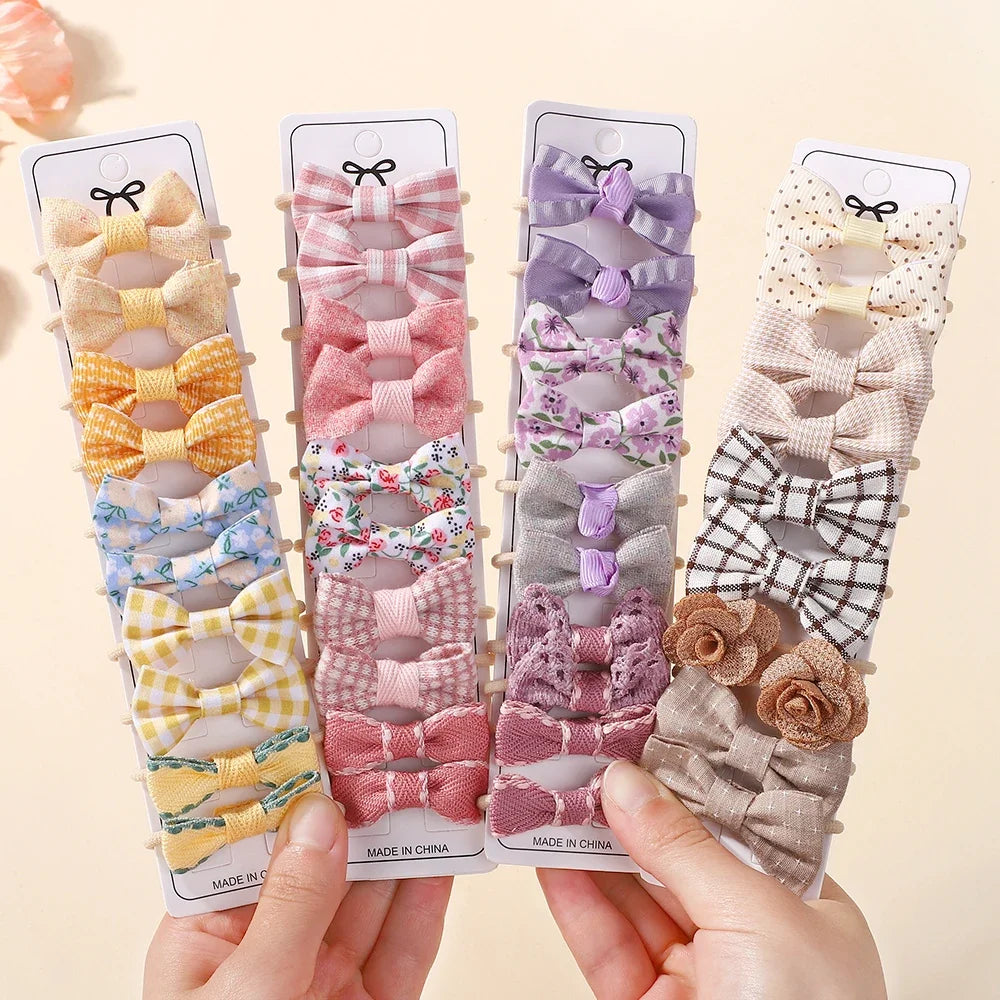 10Pcs Girls Fresh Bowknot Head Rope Sweet Printing Double Ponytail Hair Ties Bands Head Scrunchies Without Cardboard