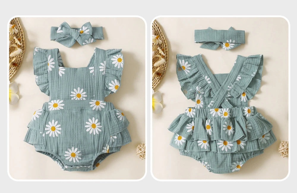 Baby Girl 2Pcs Summer Outfit Daisy Print Ruffle Flutter Sleeve Backless Romper with Headband Cute Infant Set for Daily Wear
