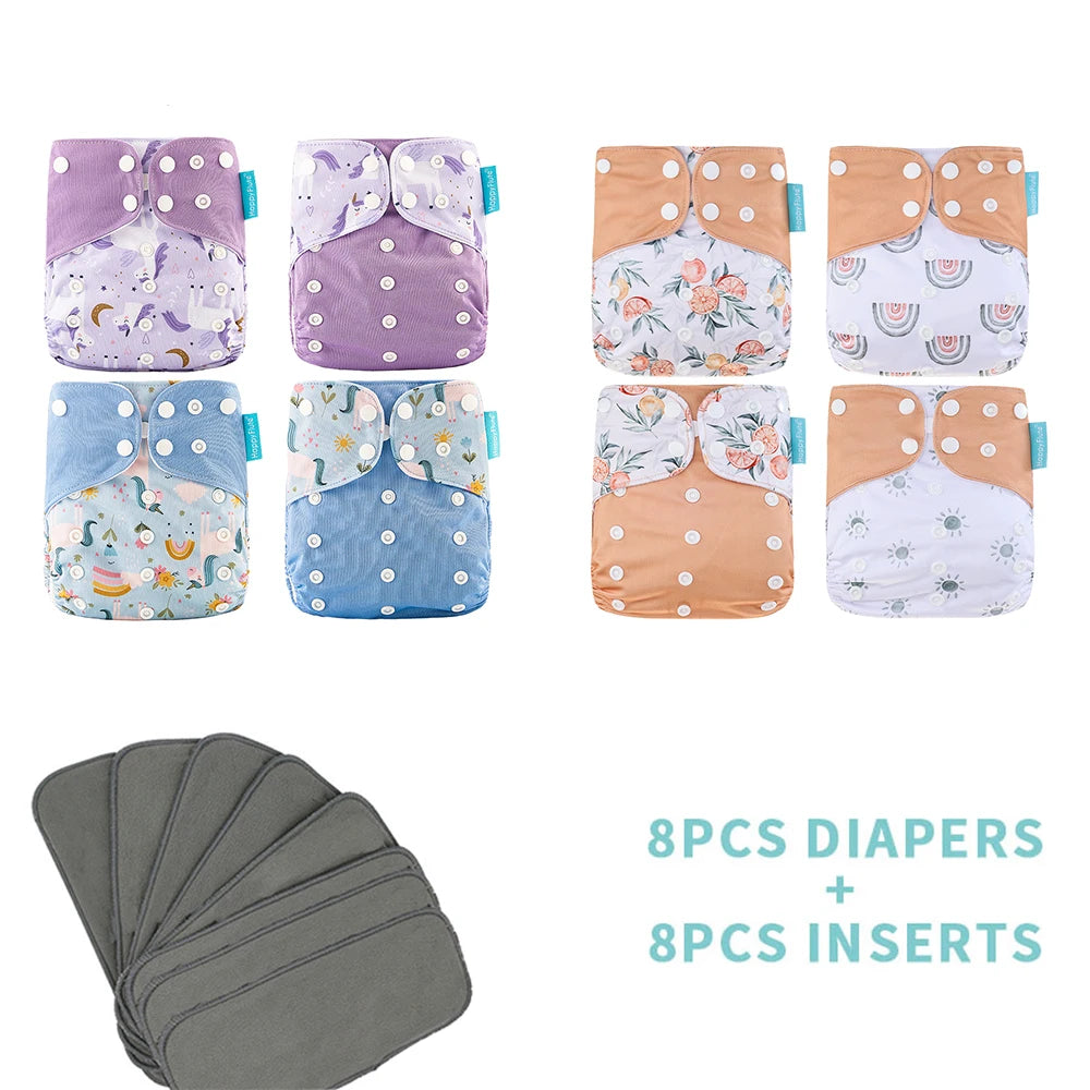 HappyFlute 8 diapers+8 Inserts  Baby Cloth Diapers One Size Adjustable Washable Reusable Cloth Nappy For Baby Girls and Boys