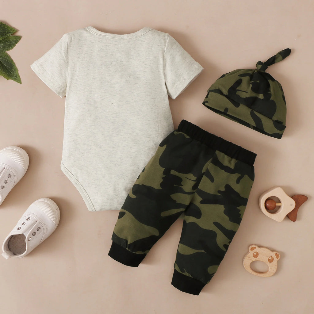 Newborn Baby Boy Set Daddy Baby Letter Printed Camouflage Pants and Hats 3Pcs/Set for 0-18 Months Boys Summer Camouflage Set