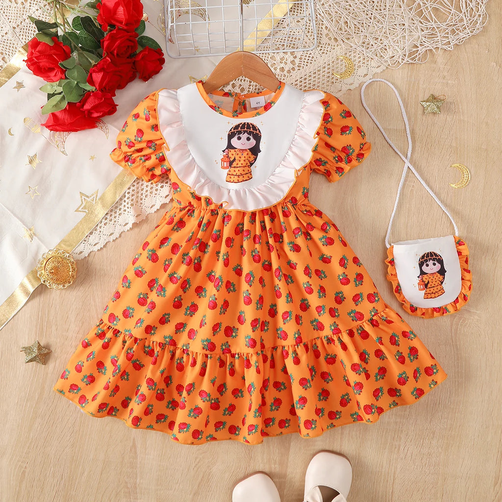 2Pcs Girls' Ramadan Dress with Ruffled Sudan rose Print Bubble sleeve Dress and Small bag Set  for 4-7 Year girls' Summer dress