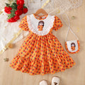 2Pcs Girls' Ramadan Dress with Ruffled Sudan rose Print Bubble sleeve Dress and Small bag Set  for 4-7 Year girls' Summer dress