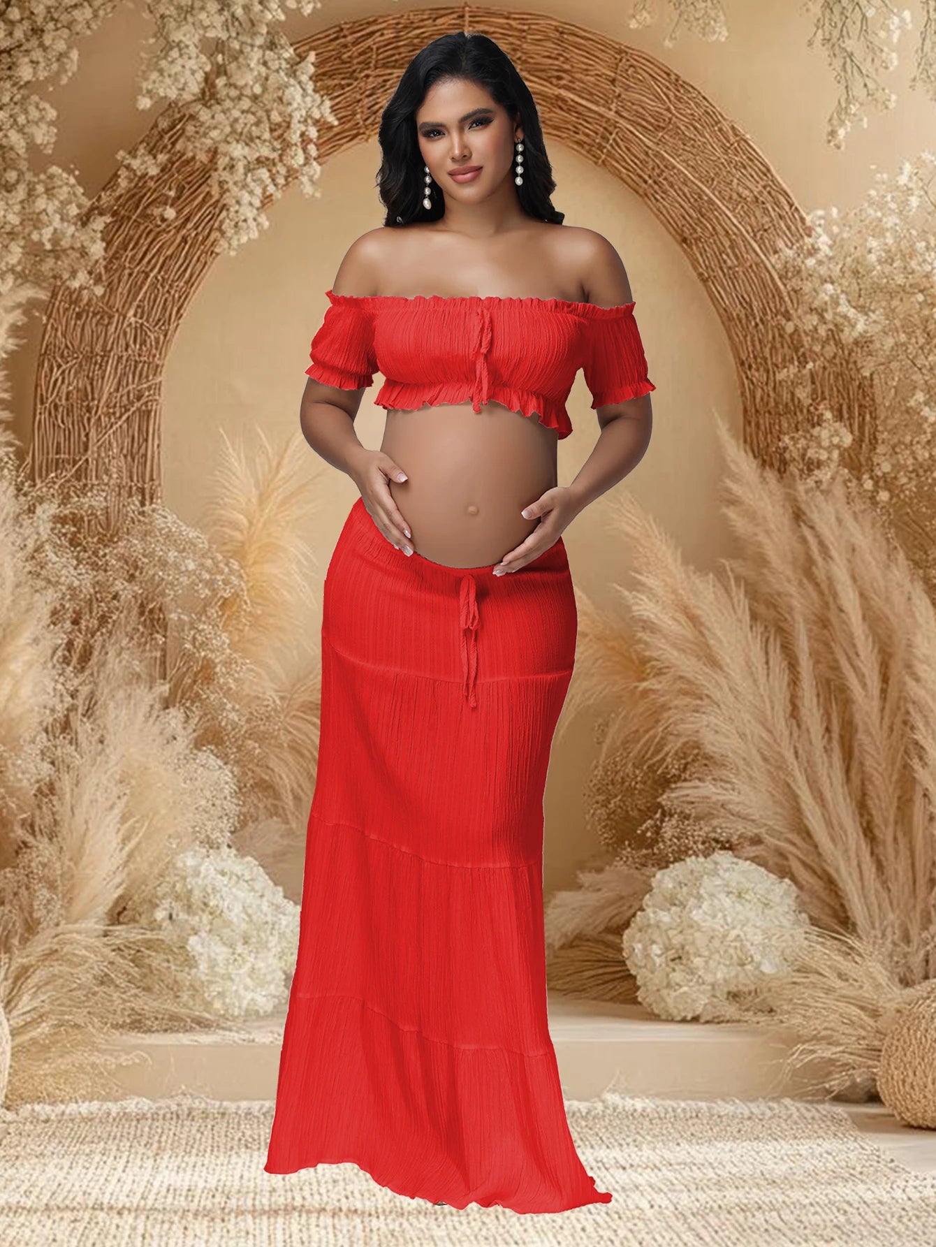 Maternity Photography Dress Sets 2Pc Sexy Ruffles Short Sleeves Tube Top T-shirt and Skirt Outfit for Photoshoot Baby Shower