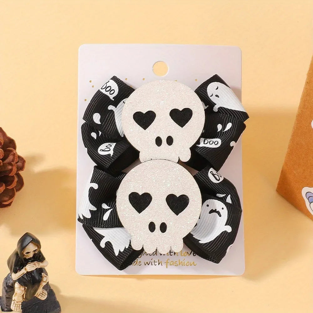 BrandName Halloween Hair Accessories for Kids Girls 2Pcs Set Ribbon Bow Hairpin Ghost Pumpkin Bat Clips