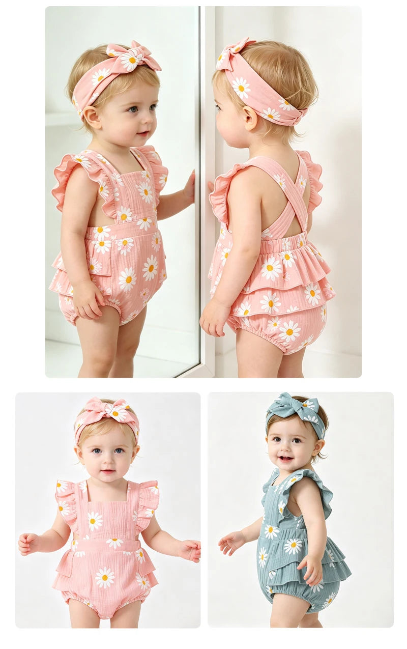 Baby Girl 2Pcs Summer Outfit Daisy Print Ruffle Flutter Sleeve Backless Romper with Headband Cute Infant Set for Daily Wear