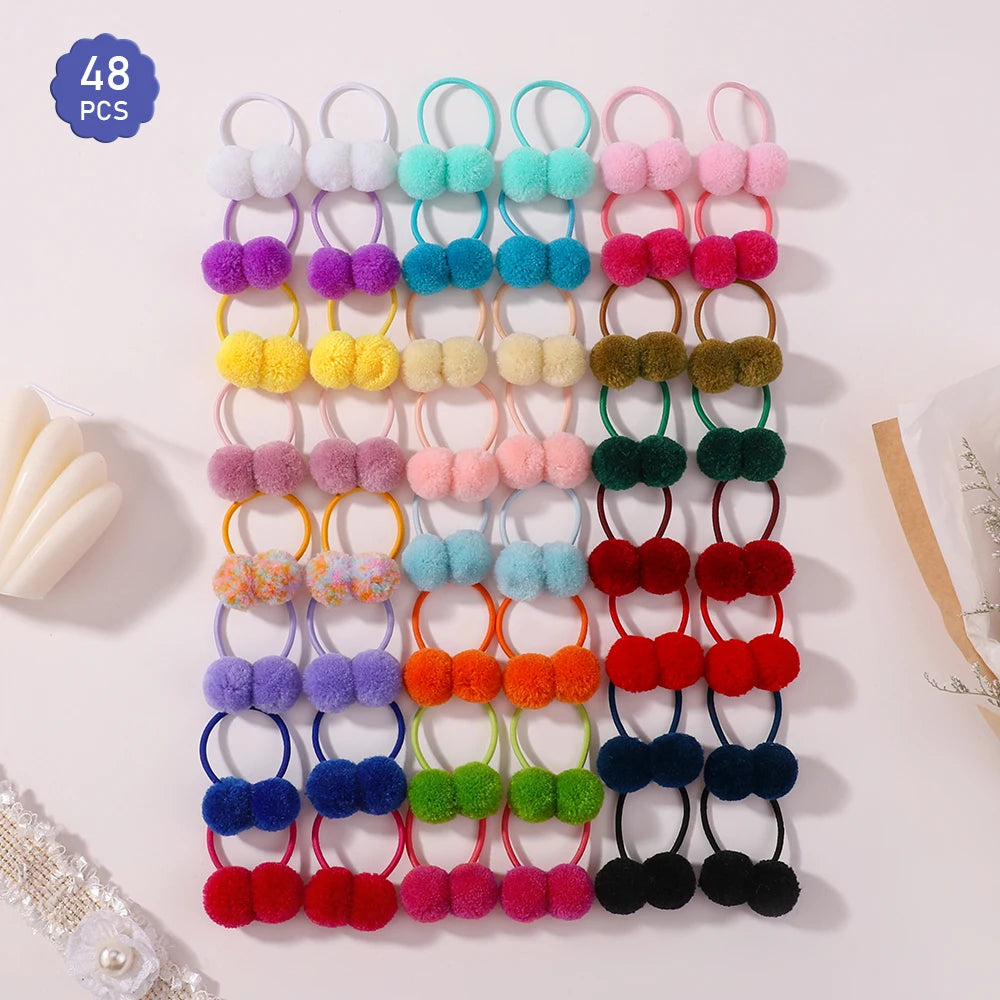 Double Plush Ball Elastic Hair Bands For Kids Girls Ponytail Ties 20/40 Pack Colorful