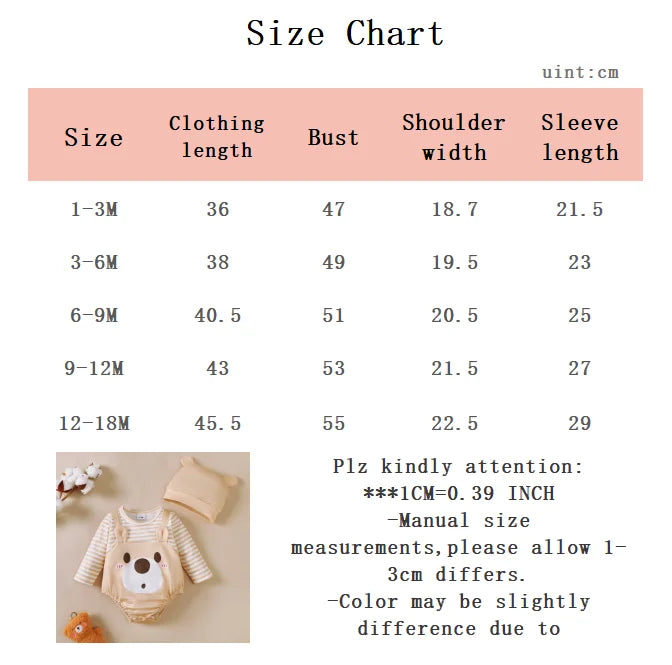 2Pcs Newborn Baby boy Bodysuit Little bear Pattern Long sleeved Bodysuit+Hat Set 0-18 Months Baby boy Spring Autumn Bodysuit
