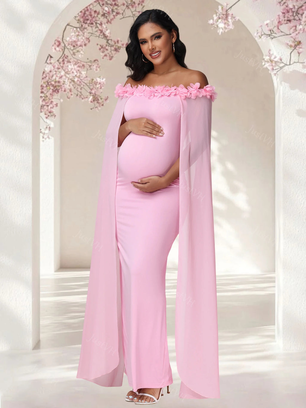 Maternity Floral Off Shoulder Floating Sleeves Dress Elegant Bodycon Maxi Gown for Photoshoot Baby Shower