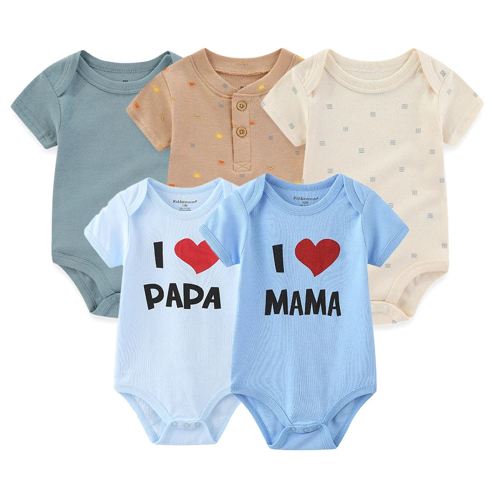 I Love Papa Mama Cartoon Baby Bodysuits 5-Pack Unisex Short Sleeve Onesies 0-12 Months
