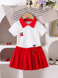 2pc Summer Cross-Border New Style Girls Are Comfortable and Cute 2-7 Years Old Red Collar White Short-Sleeved T-Shirt + Red Skir