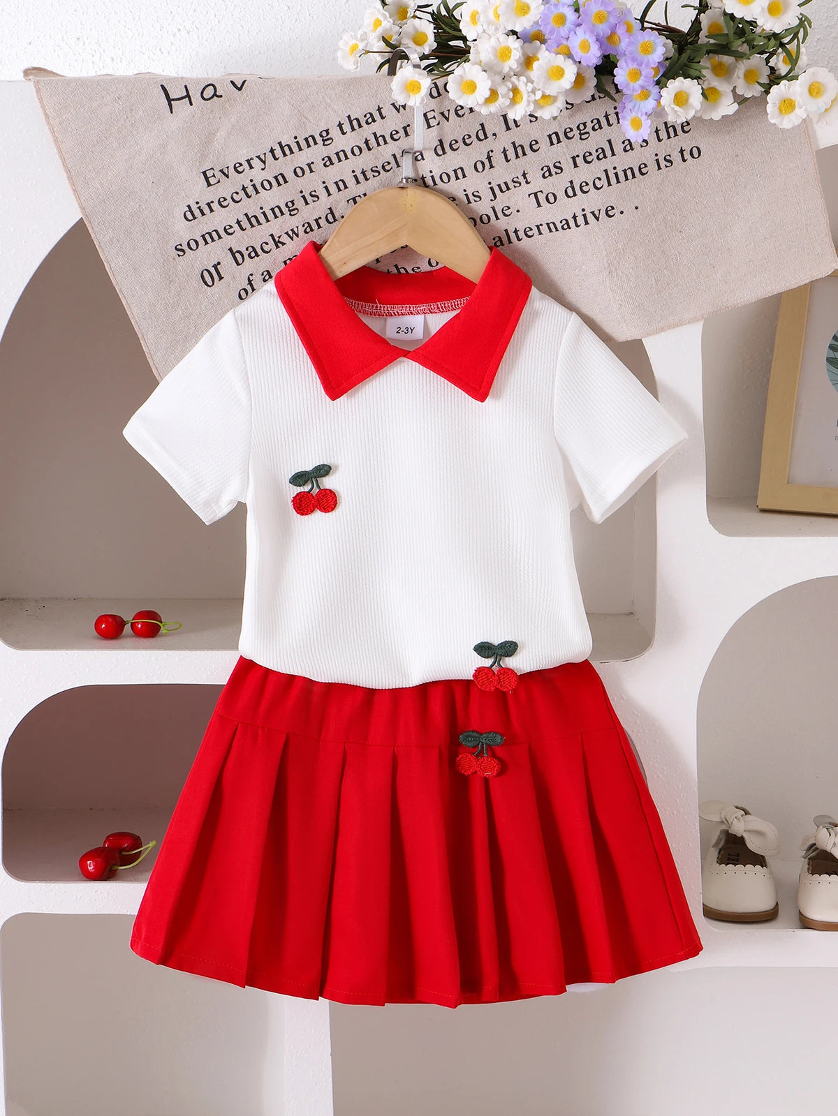 2pc Summer Cross-Border New Style Girls Are Comfortable and Cute 2-7 Years Old Red Collar White Short-Sleeved T-Shirt + Red Skir