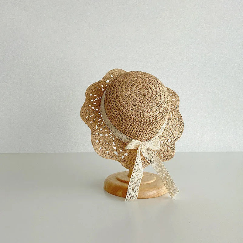 Lace Bow Girl Straw Hat Baby Summer Sun Hats Travel Beach Kids Large Brim Fisherman Cap 2-5Year Children Sunscreen Bucket Caps